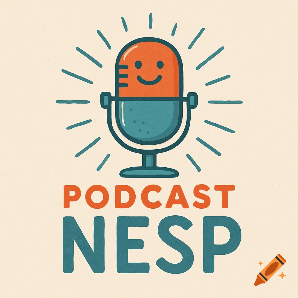 Stylized logo features a microphone with a smiling face, above the words "PODCAST NESP" in bold orange and blue text.