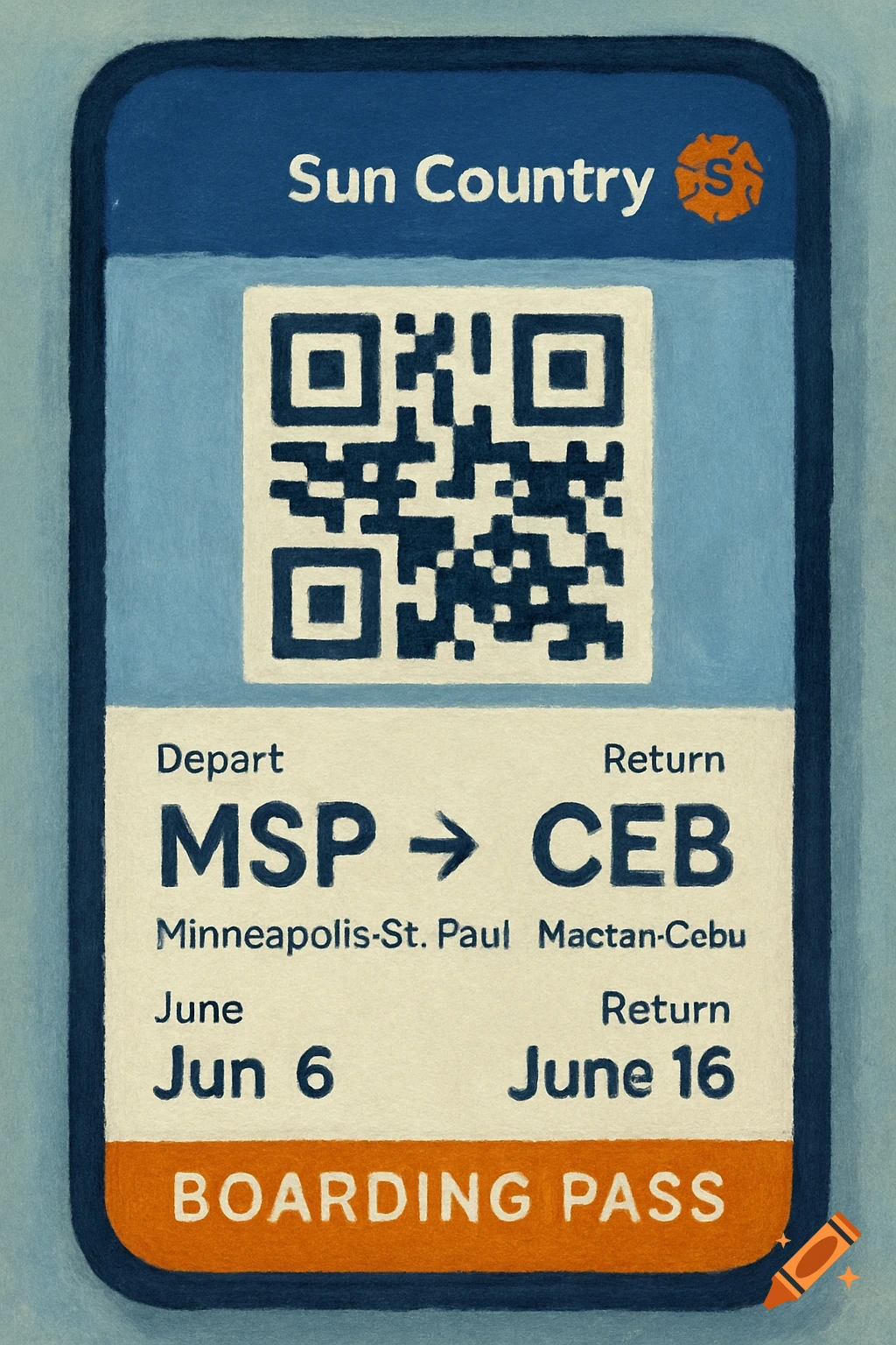 Mobile boarding pass for Sun Country, MSP to CEB, June 6-16, illustrated style.
