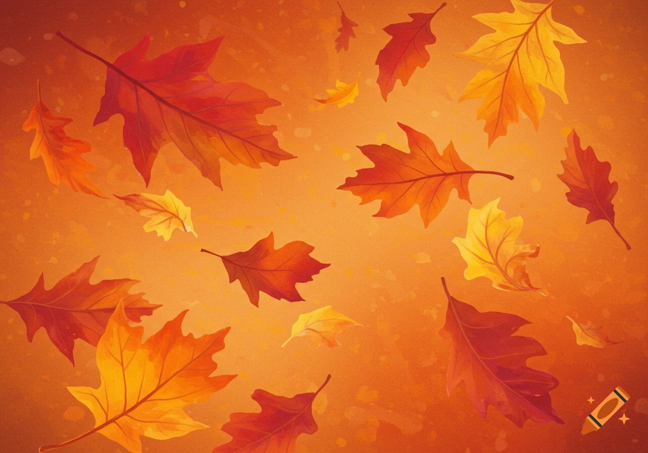 Illustration of falling autumn leaves in warm colors.