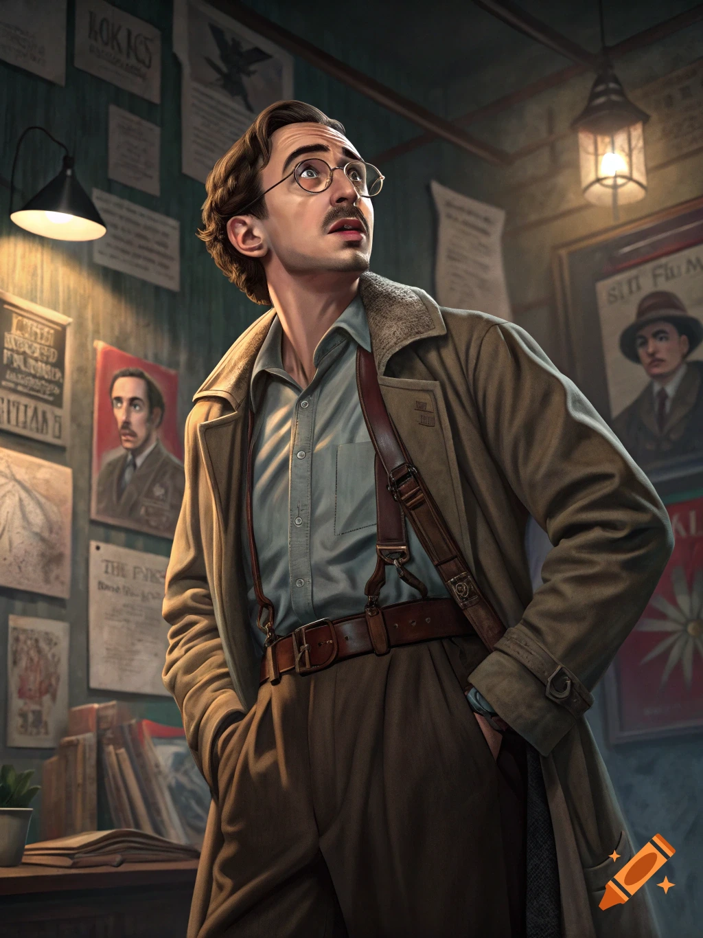 A man in a trench coat and glasses stands in a dimly lit room with posters on the wall.