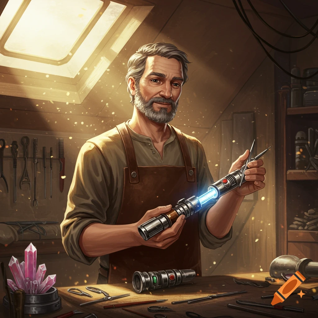 Older man working on a lightsaber in a dusty workshop.