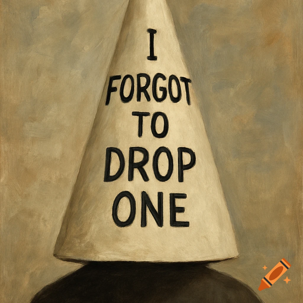Painting of a dunce cap with the text 'I FORGOT TO DROP ONE'