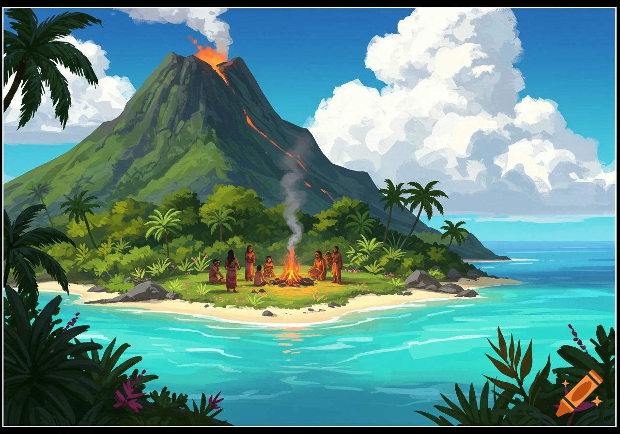 Stylized illustration of people around a campfire on a tropical island beach with an erupting volcano.