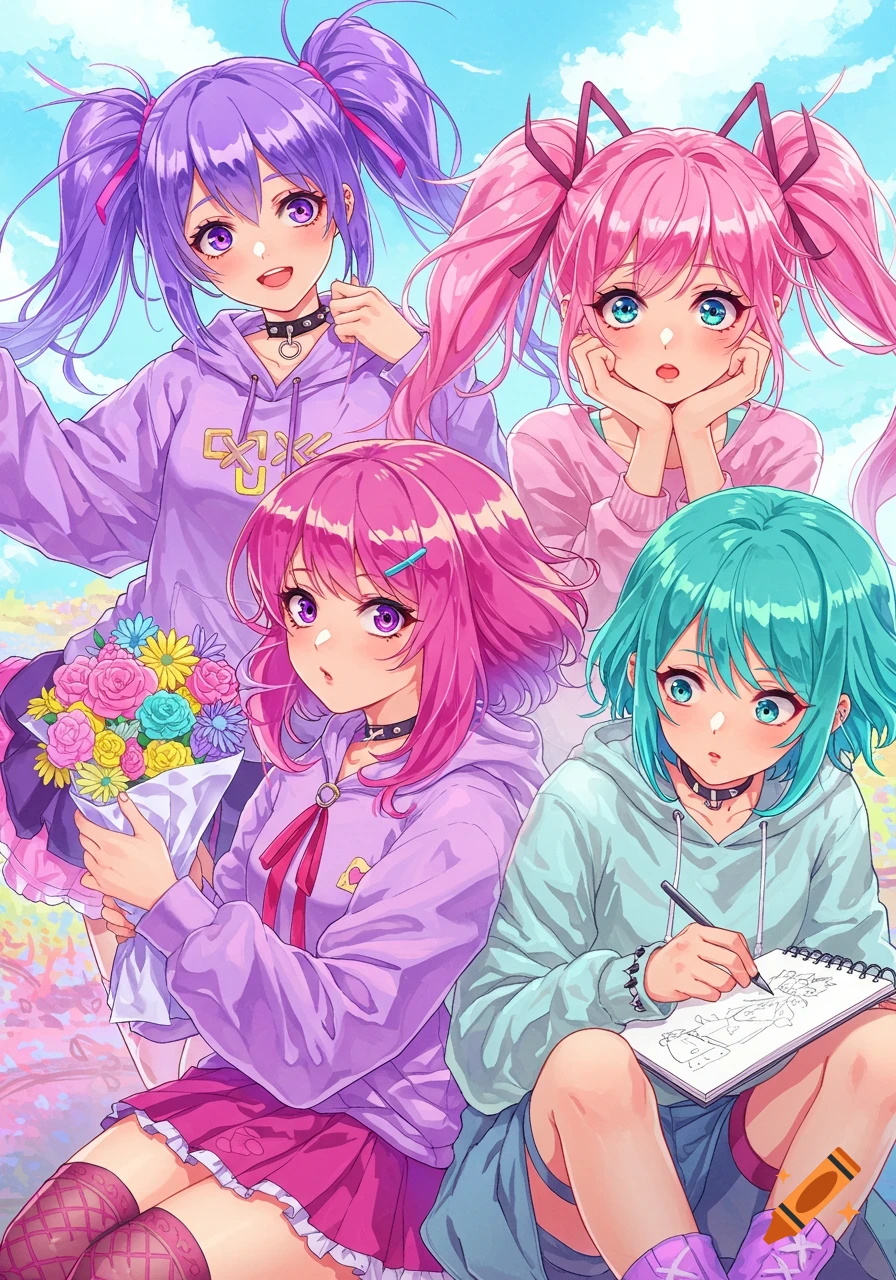 Four anime girls with colorful hair posing outdoors