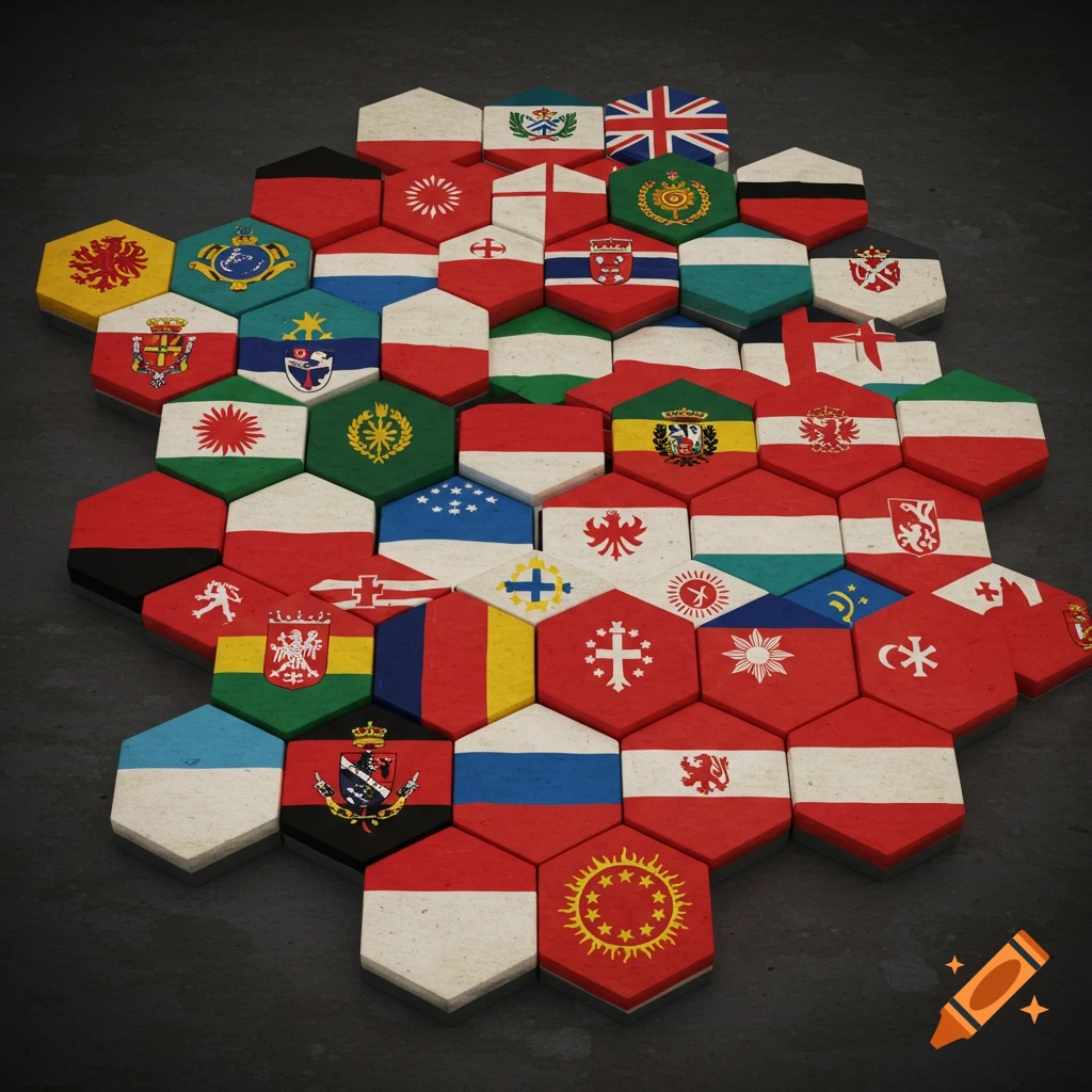 A honeycomb pattern of hexagonal tiles, each displaying a European flag or coat of arms, arranged like a board game.