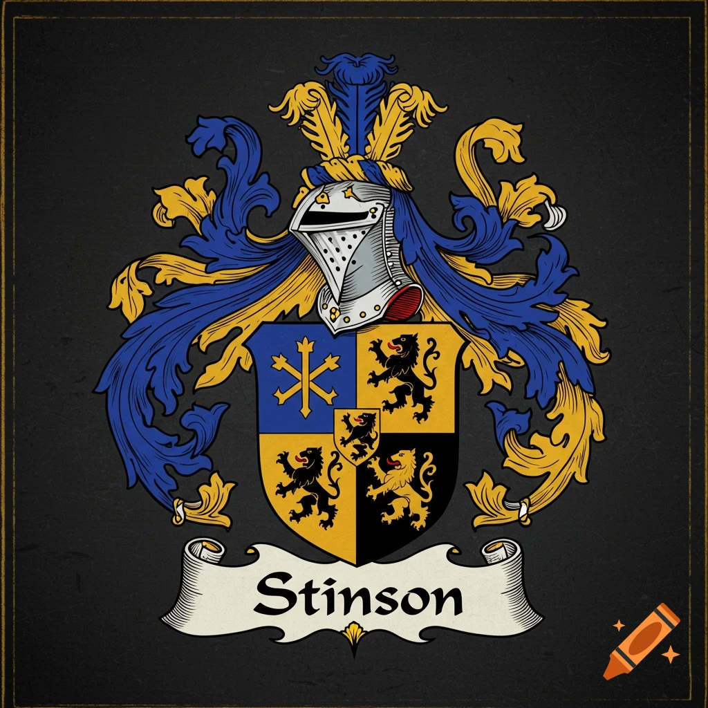 Coat of arms with shield, helmet, and banner displaying the name Stinson