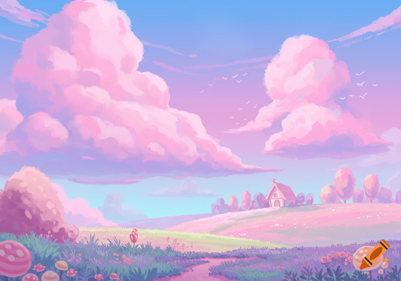 Pastel landscape with large pink clouds, a small house on a hill, and a path winding through flowery fields.