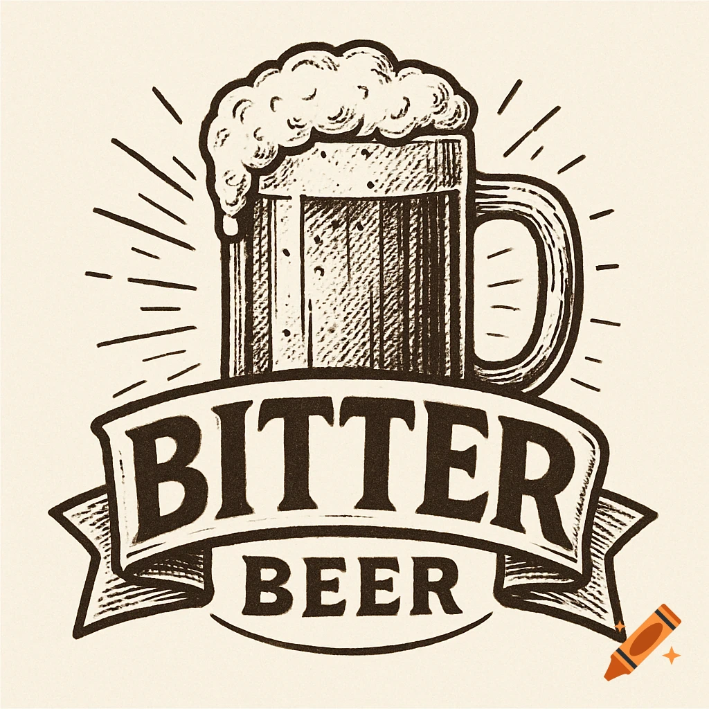 Black and white vintage illustration of a beer mug with 'BITTER BEER' on a banner.