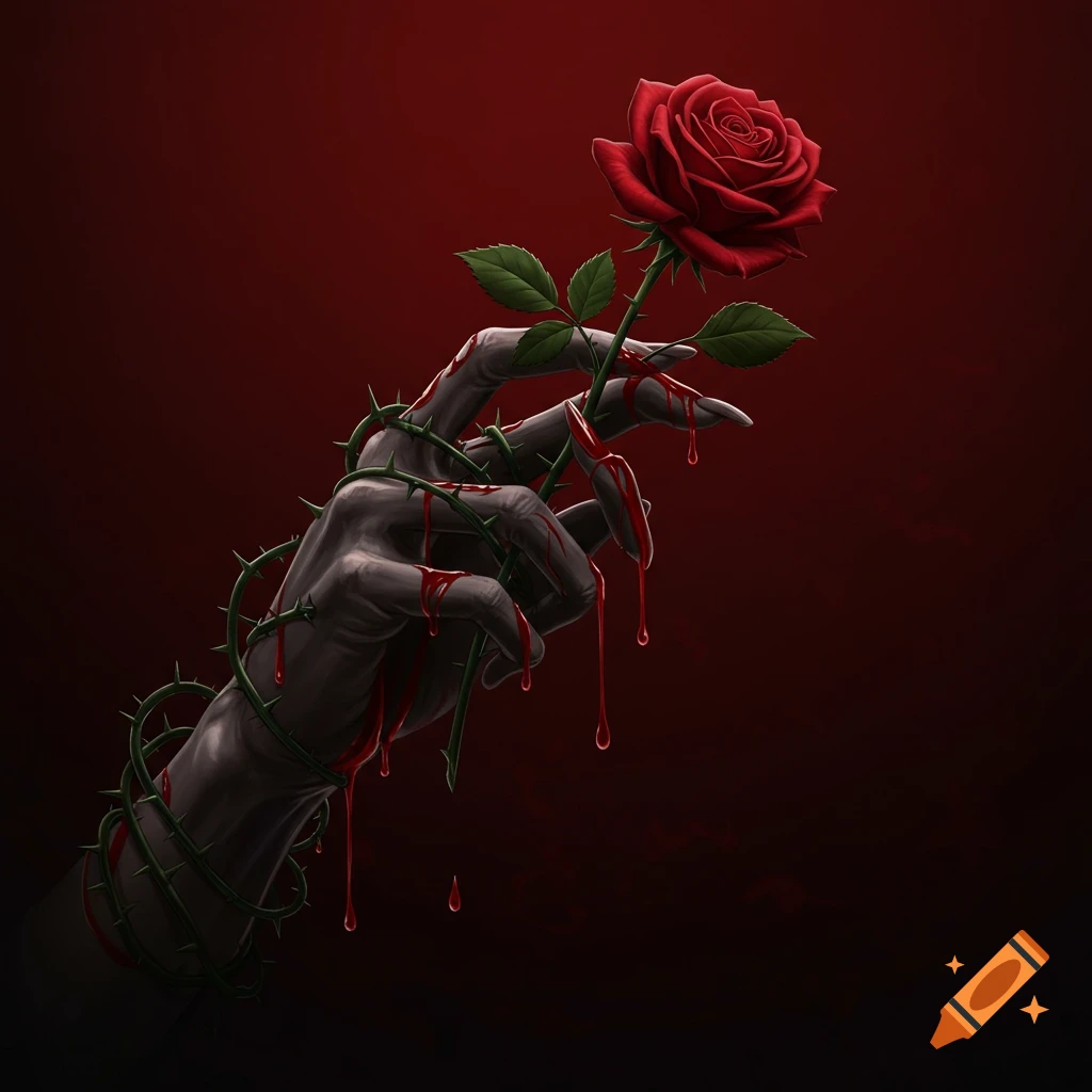 Dark hand wrapped in thorny vines holds a red rose, dripping blood against a red background.