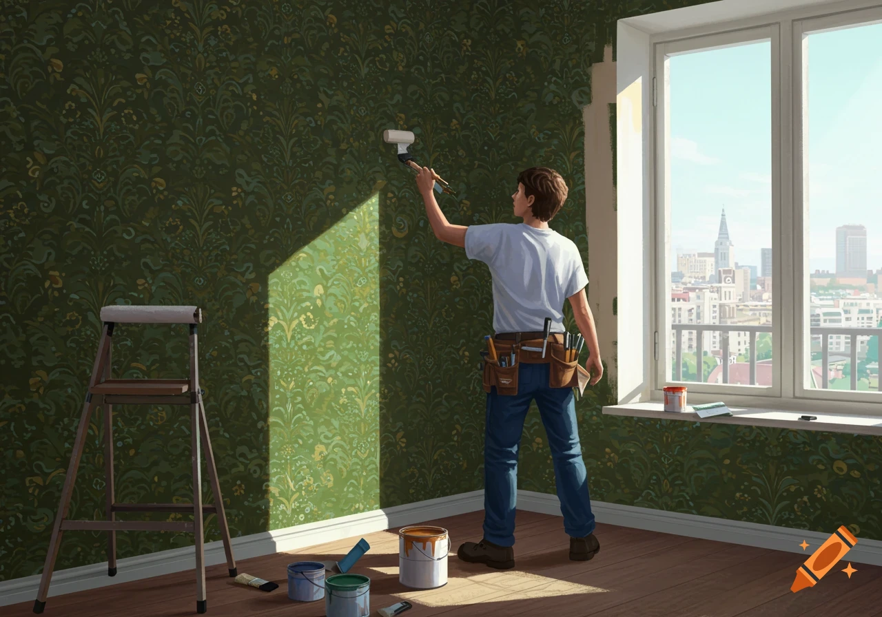 A person paints a green patterned wall in a room with a large window overlooking a city skyline.