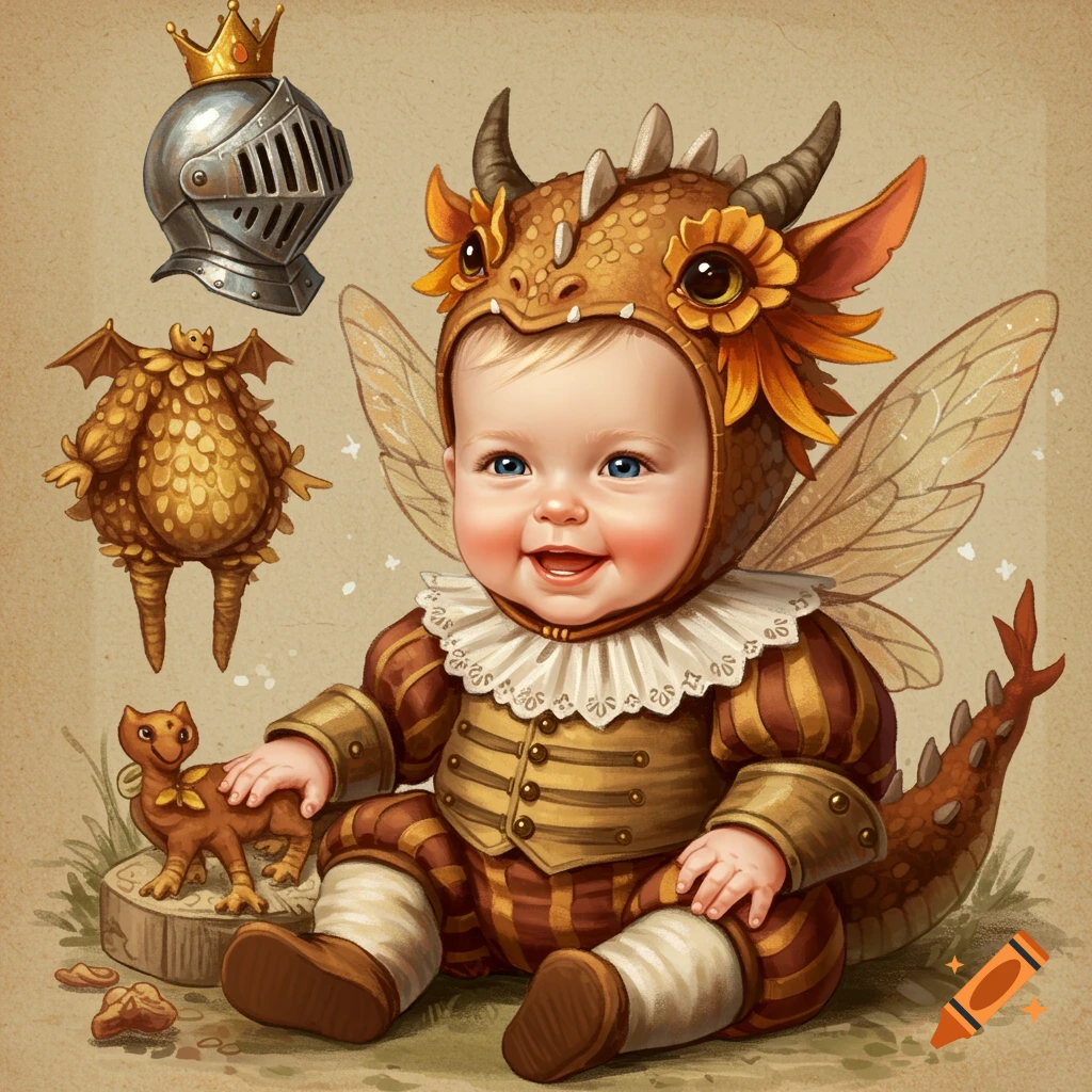 Illustration of a smiling baby in a whimsical dragon and fairy costume sitting on the ground with fantasy toys.
