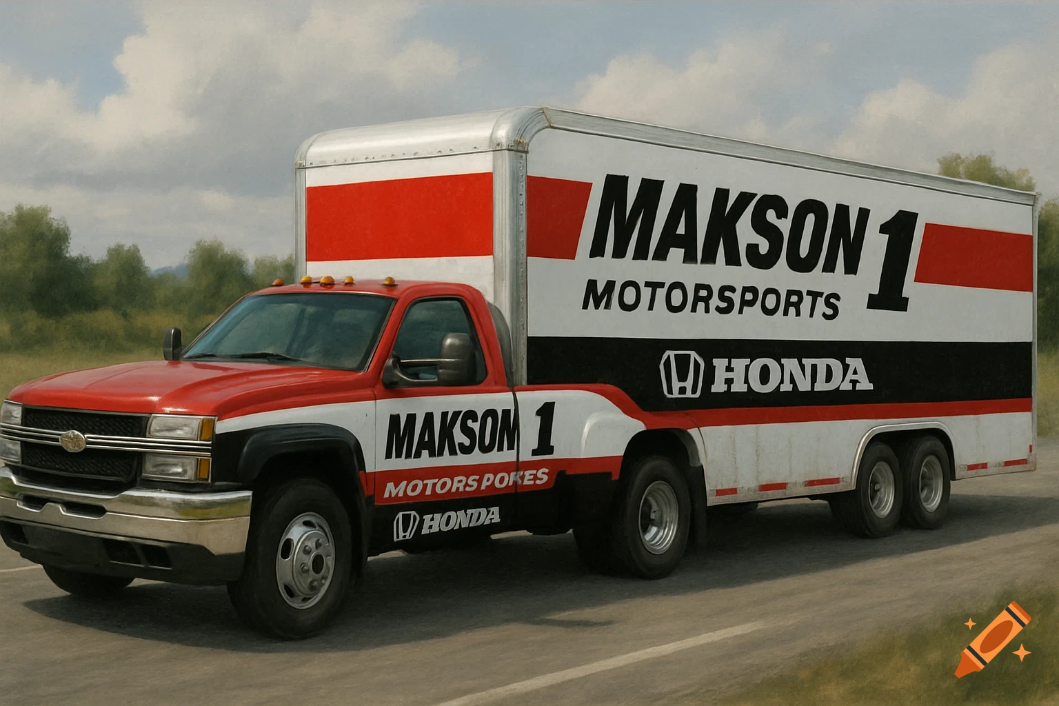 A red and white Chevrolet dually pickup truck pulls a branded trailer with MAKSON 1 MOTORSPORTS and Honda logos on a road.