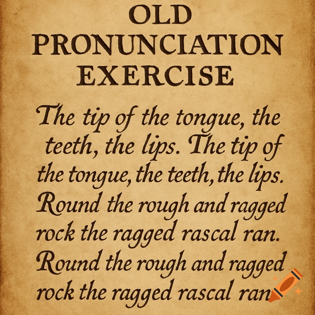 Old pronunciation exercise text on vintage parchment paper