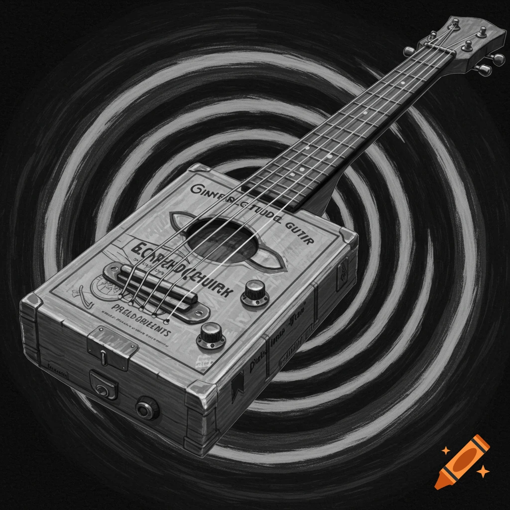 Black and white drawing of a cigar box guitar against a swirling background.