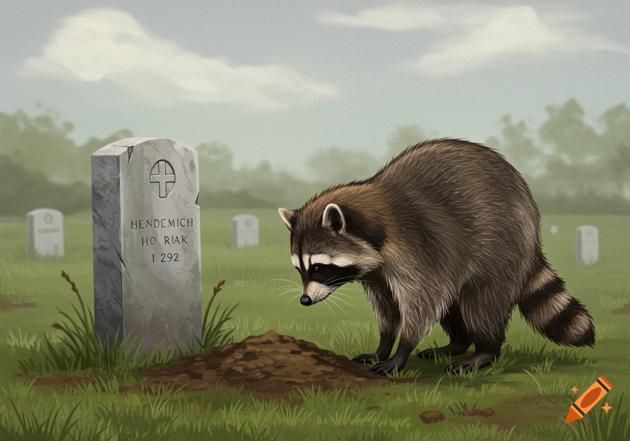 A raccoon sniffs at a grave in a cemetery. Digital illustration.