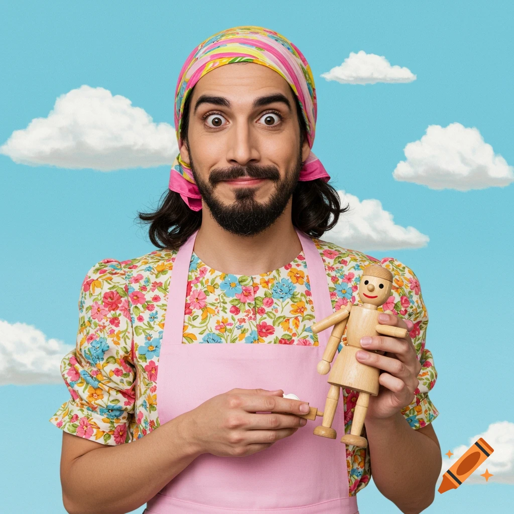 Man in floral dress, pink apron, and headscarf holding a wooden puppet against a sky background, surprised expression.