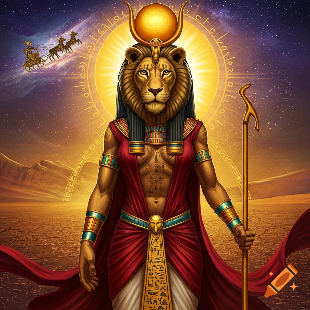 A digital art painting of Sekhmet, the Egyptian goddess with a lion head, standing in a desert under a starry sky.