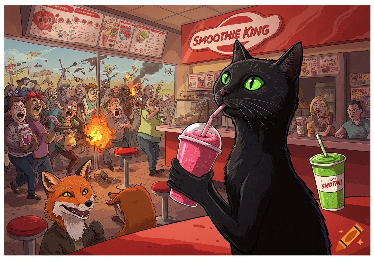 Cartoon illustration of a black cat and a fox drinking smoothies while chaos erupts outside a Smoothie King.