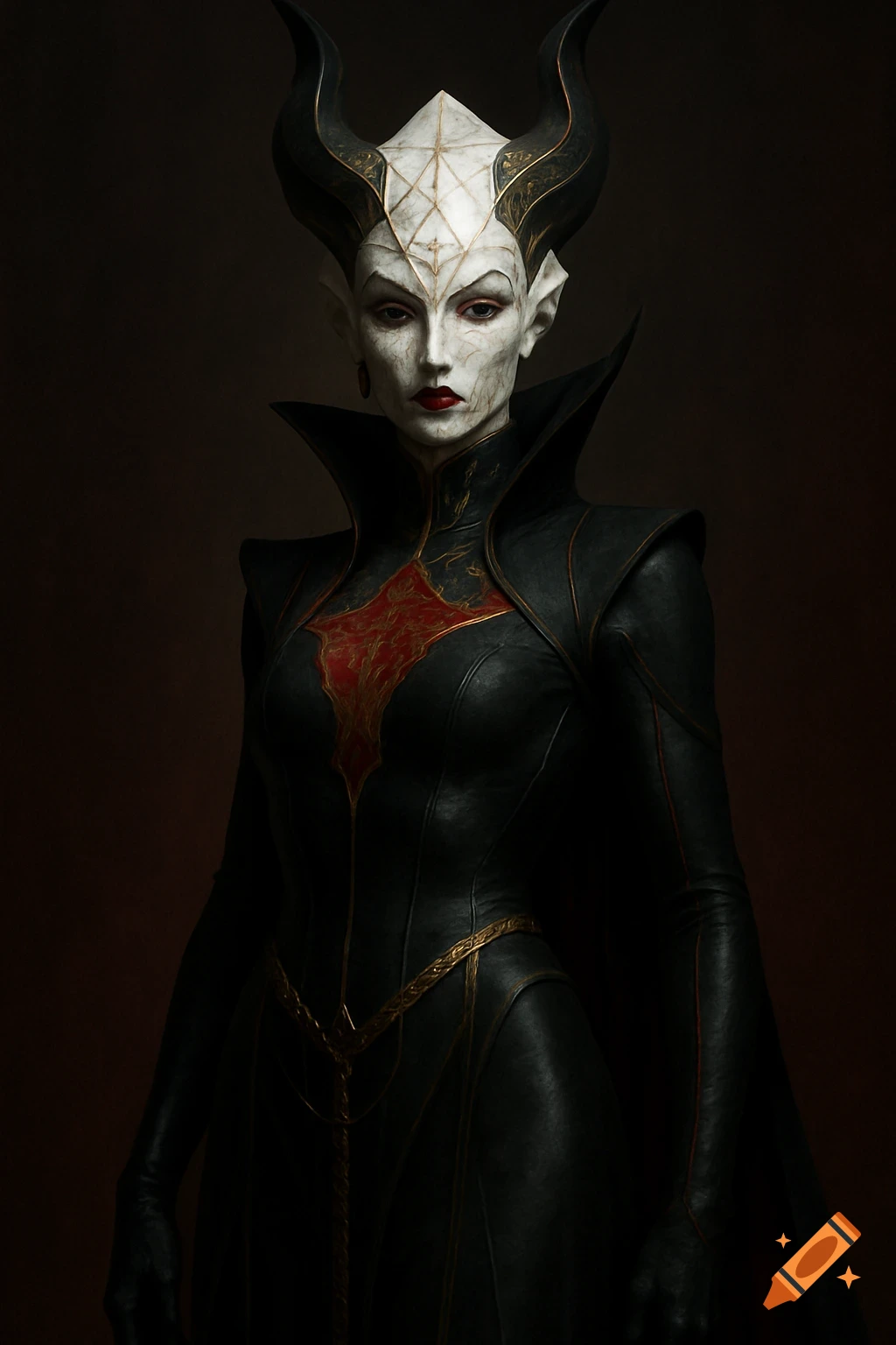 A fantasy character portrait of a female with dark horns and black and red outfit.