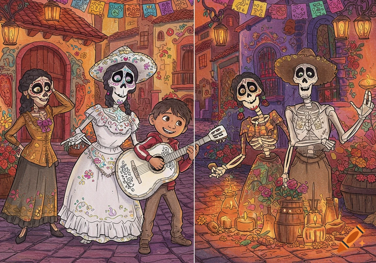 Coloring page in the style of Coco with characters including a boy playing guitar and skeleton figures in a village street scene.