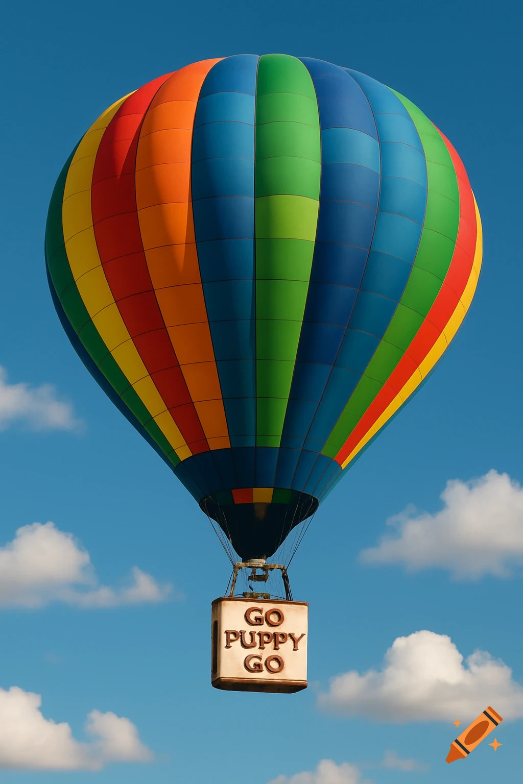 A colorful hot air balloon floats in a blue sky with clouds, its basket displaying the text 'GO PUPPY GO'.