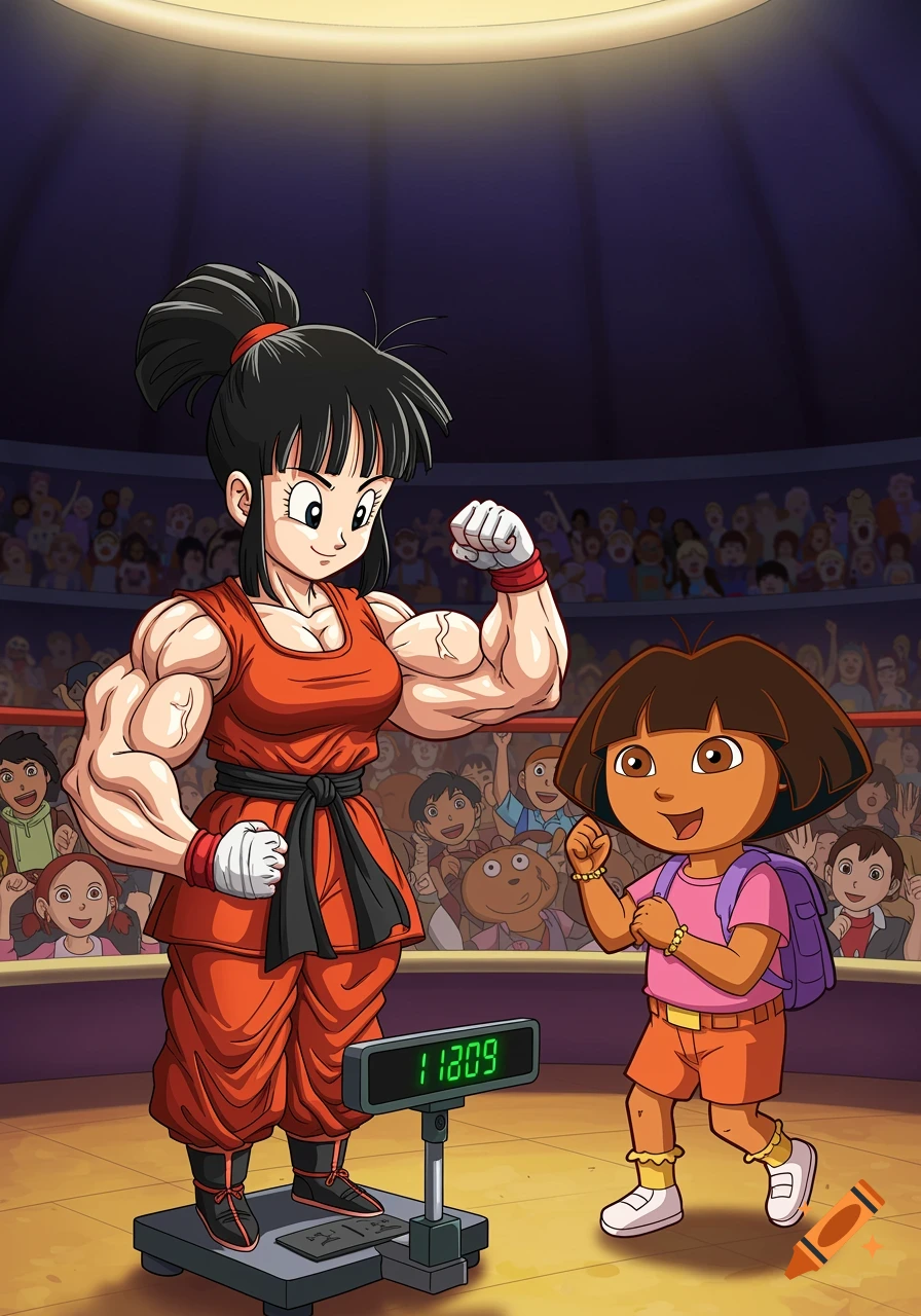 Chi Chi from Dragon Ball flexing on a scale next to Dora the Explorer in a boxing ring with an audience. Anime style.