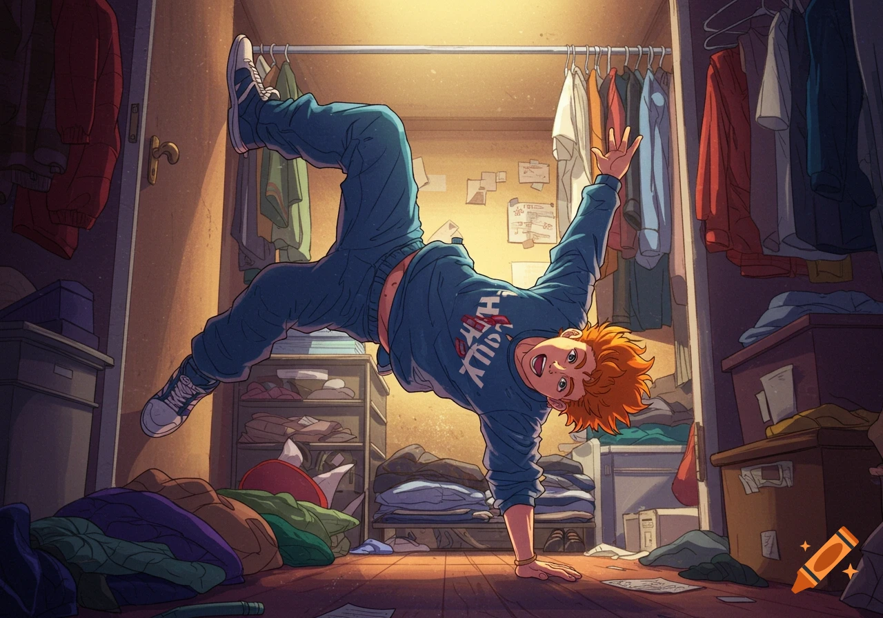 Anime style illustration of a young man breakdancing in a messy closet.