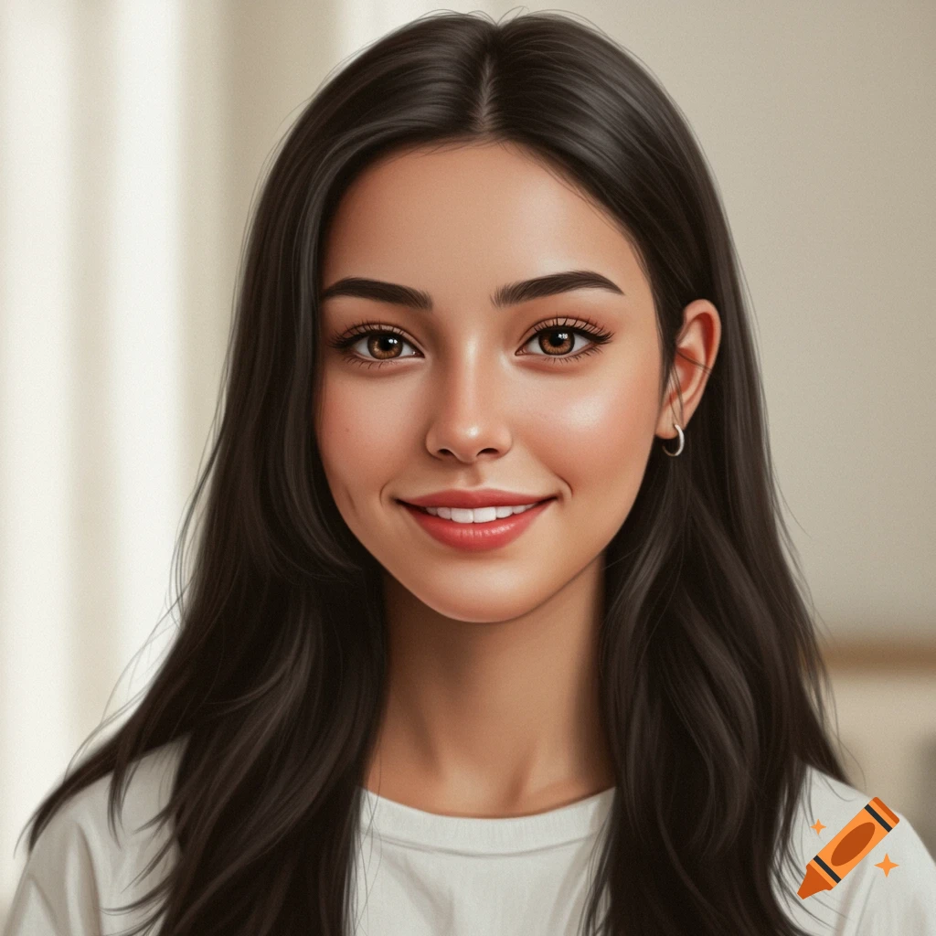 A portrait of a young woman with long dark hair and brown eyes smiling ...