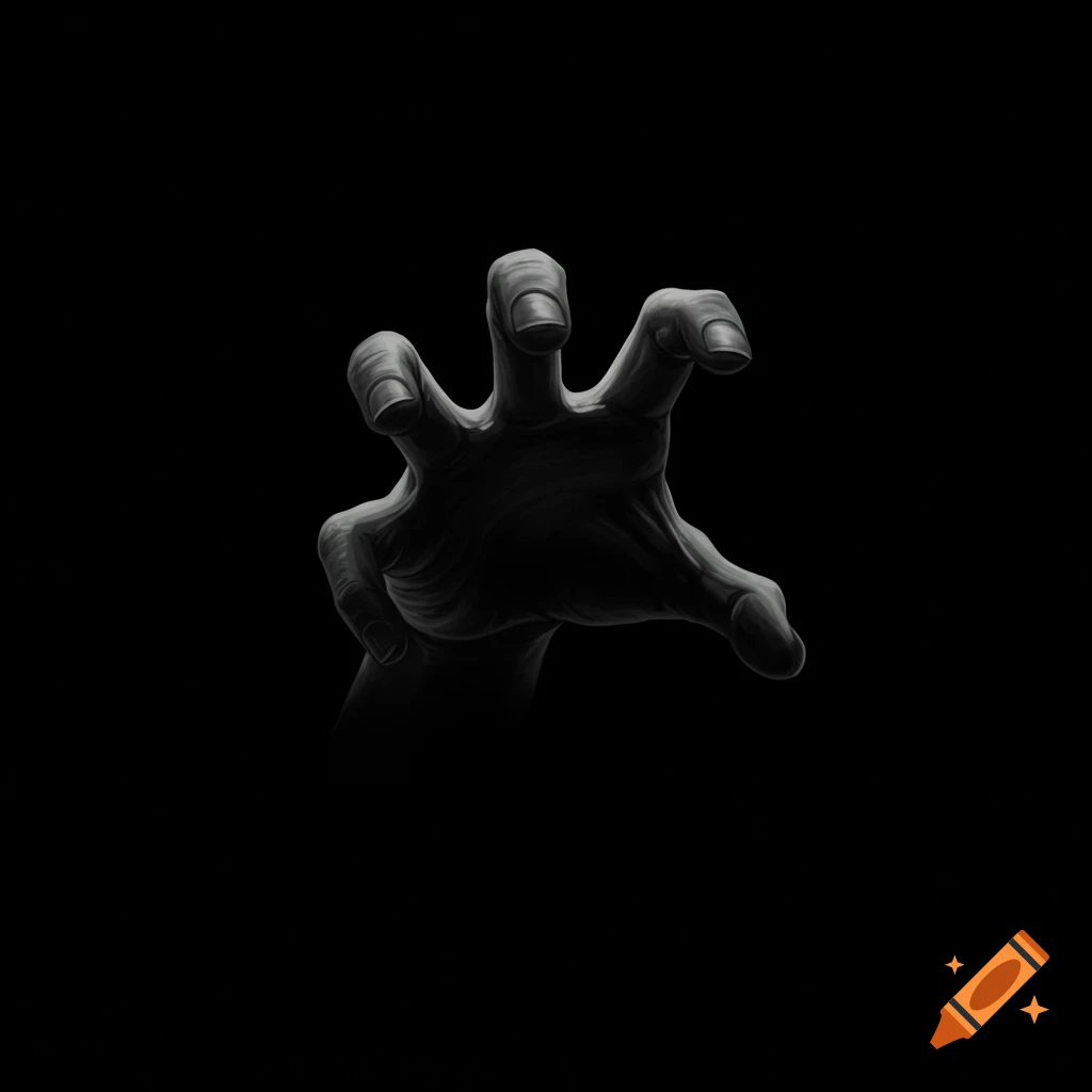 A dark, shadowy hand reaches out from blackness.