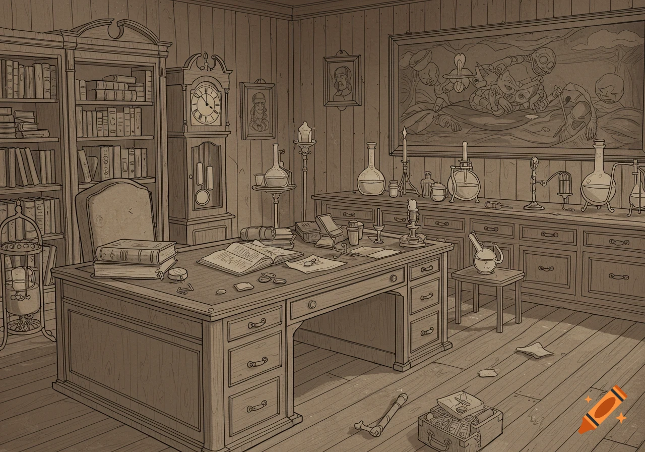 Line art illustration of an old academic study with a desk, books, clock, and alchemy equipment.