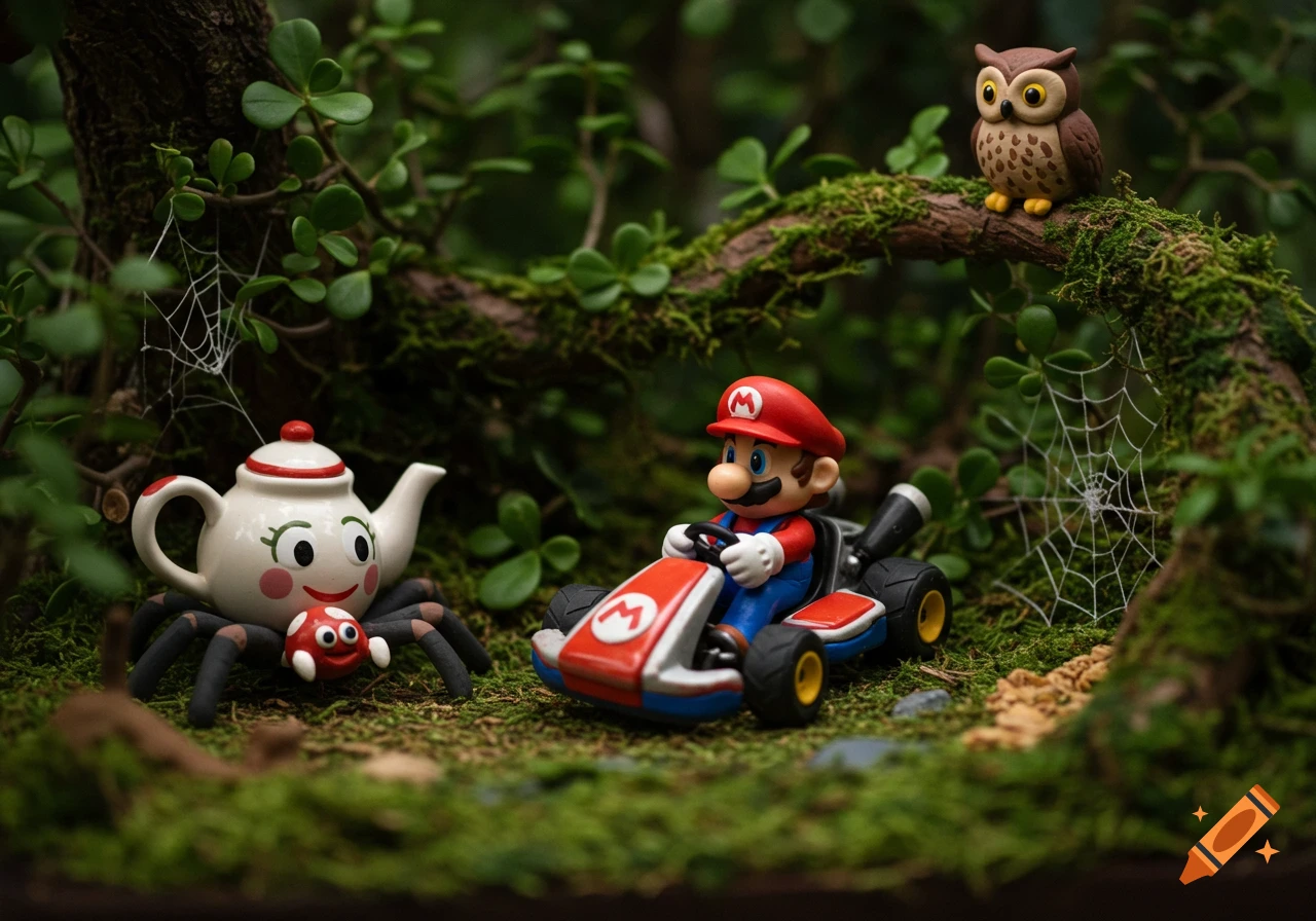 A miniature diorama with a Mario Kart figure, teapot spider, and owl in a mossy garden.