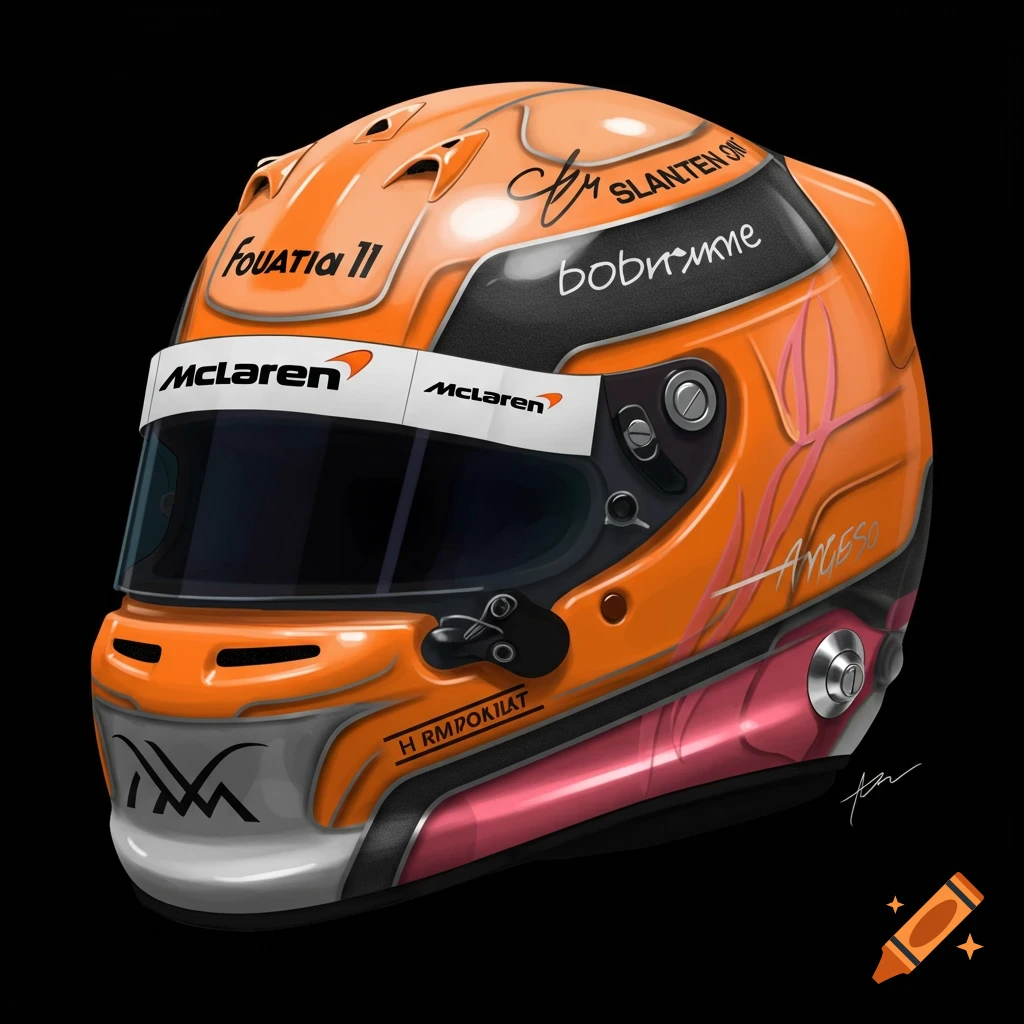 An orange and pink McLaren Formula One helmet on a black background.
