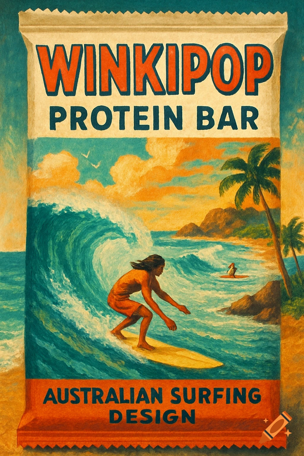 Retro illustration of a protein bar wrapper featuring a surfer riding a wave.