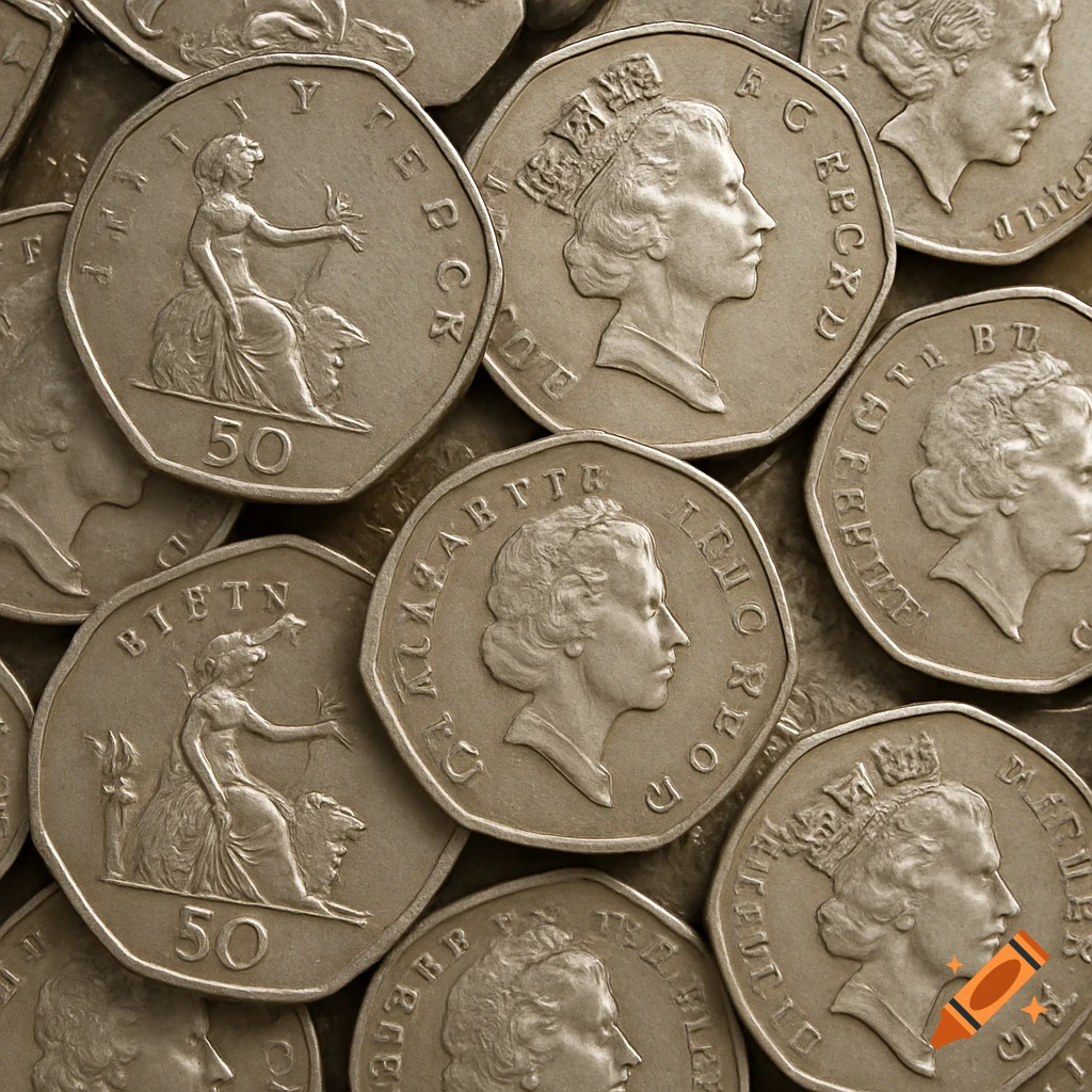 Close-up view of several UK fifty pence coins.