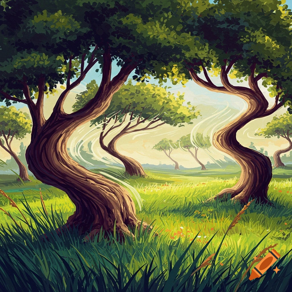 Stylized illustration of twisted trees in a green, grassy field with sunlight streaming through