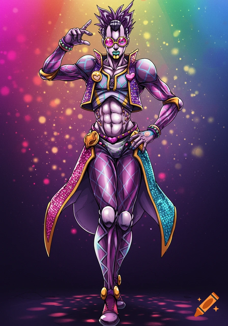 Colorful anime character in a disco outfit posing in front of a sparkly background