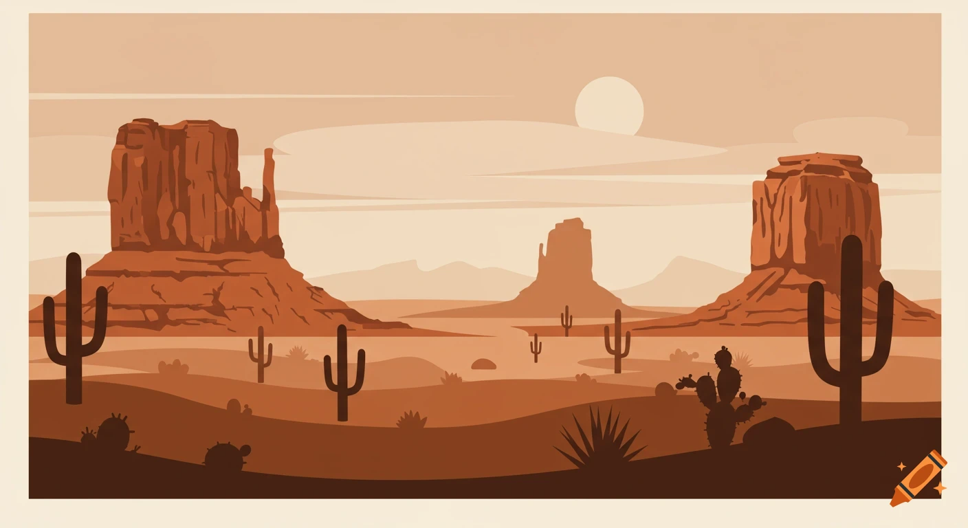 Minimalist 3-tone vector illustration of a desert landscape with mesas, buttes, and cacti.