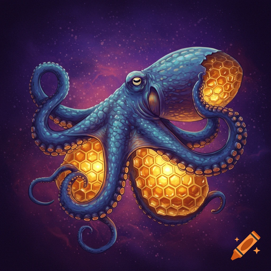 An illustration of a blue octopus with glowing honeycomb suckers on a cosmic background.