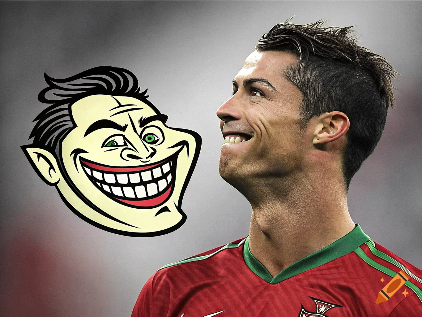 Cristiano Ronaldo smiles next to a cartoon troll face