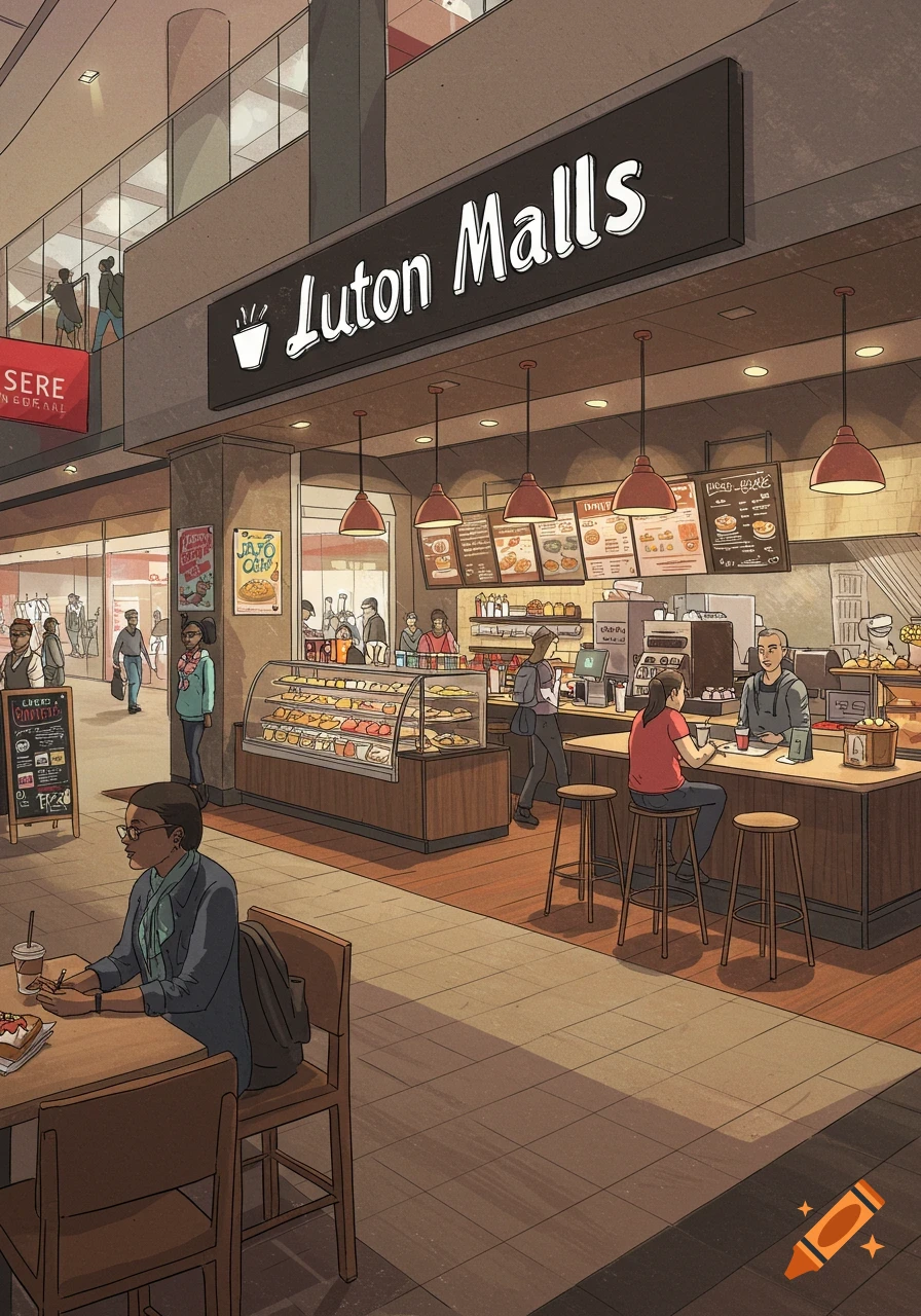 Illustration of a busy cafe inside a mall with people ordering and sitting at tables.