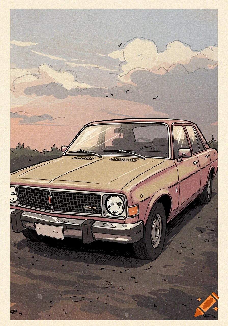Lofi sketch illustration of an old car on a road at sunset