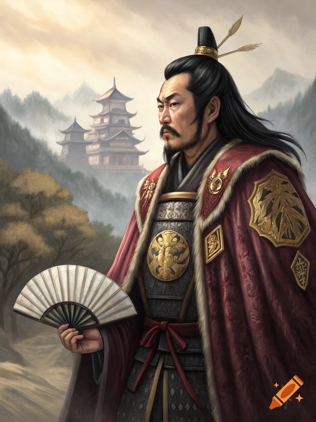 Portrait of a historical Asian man in elaborate red robes holding a fan, with a temple and mountains in the background, digital painting style.