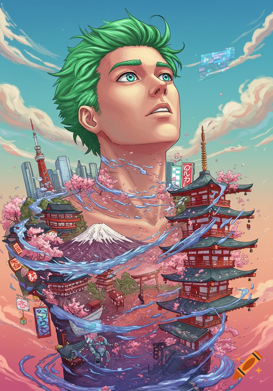 Anime illustration of a person with green hair merging with Japanese landscape including pagodas, mountains, cherry blossoms, and digital elements.