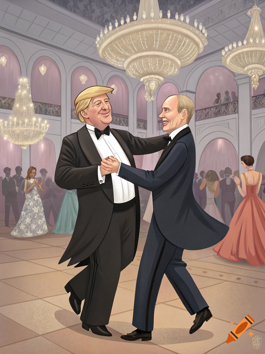 Illustration of Donald Trump and Vladimir Putin dancing in a grand ballroom.