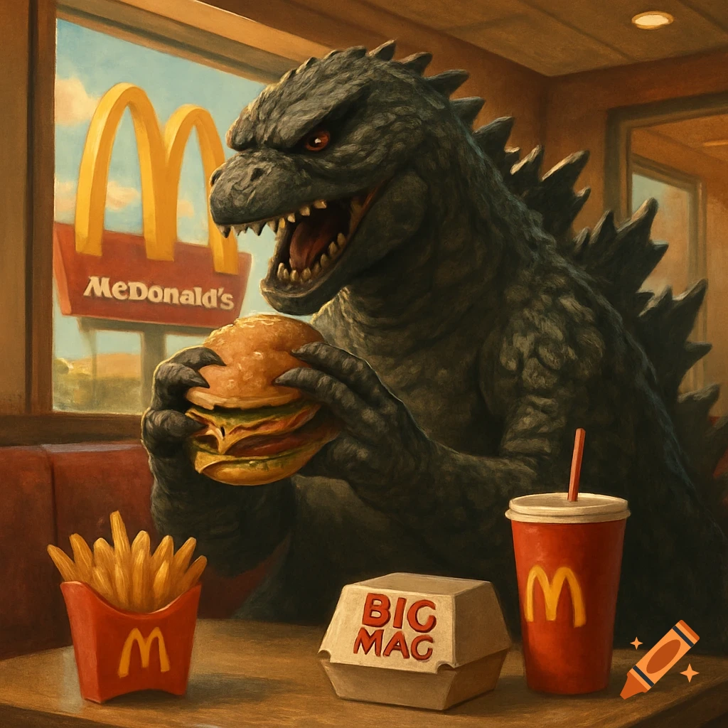 Godzilla sits at a table in McDonald's and eats a Big Mac hamburger, with fries and a drink nearby.