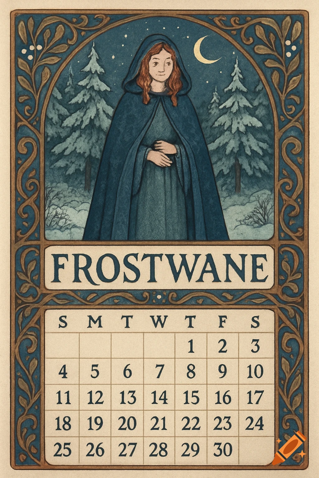 Fantasy illustration of a person in a blue cloak and a winter forest scene above a calendar page labeled 'Frostwane'.