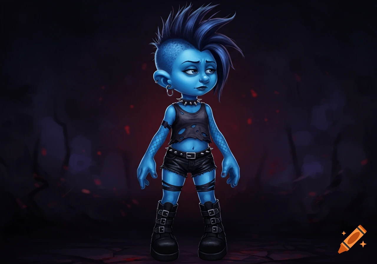 Stylized cartoon goth character with blue skin, mohawk, and ripped black clothes.