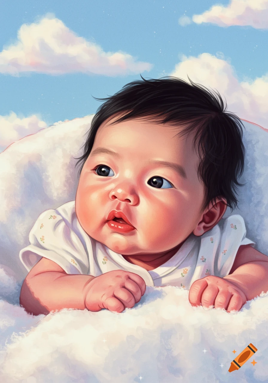Illustrative portrait of a baby girl with black hair looking up, surrounded by white clouds against a blue sky.