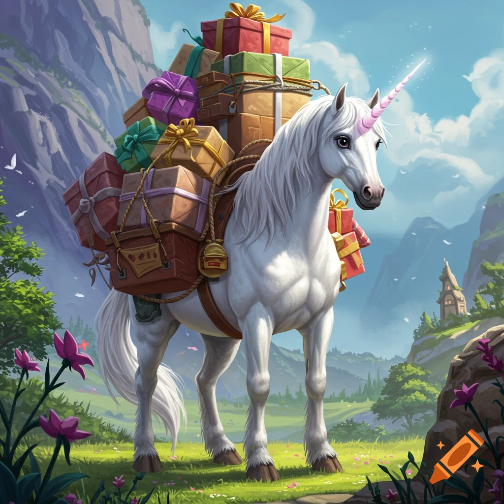 A white unicorn laden with brightly wrapped gifts stands in a fantasy landscape.