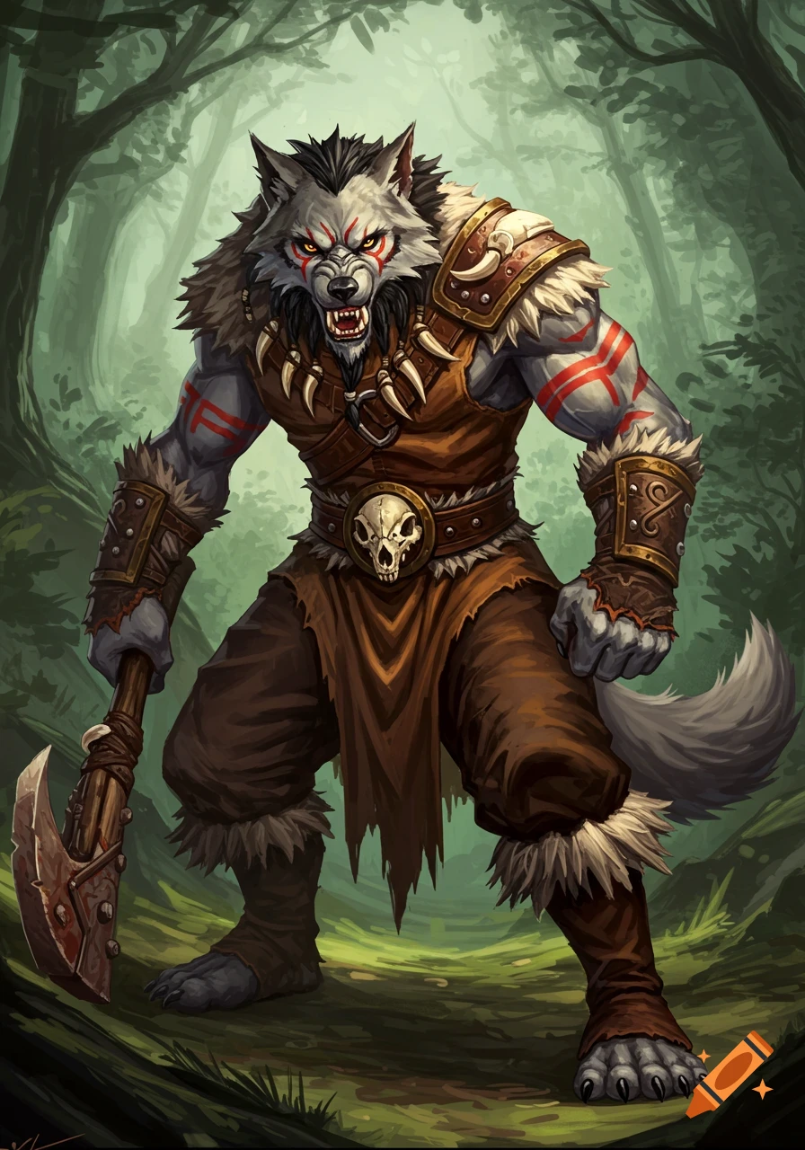 Anthropomorphic wolf barbarian with an axe in a forest.